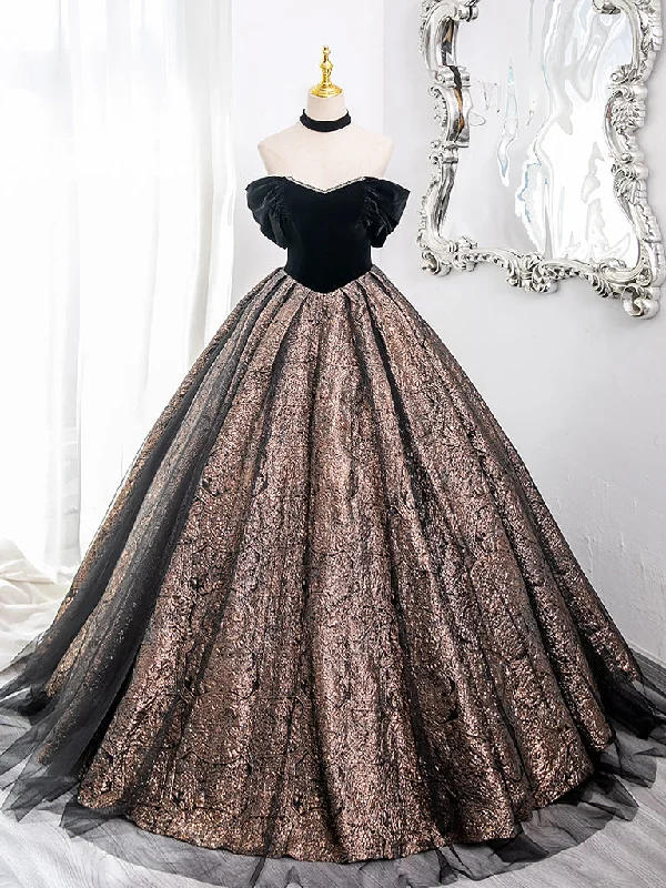 prom dresses with pocketsA-Line Off Shoulder Tulle Velvet Black Long Prom Dress, Black Long Formal Dress