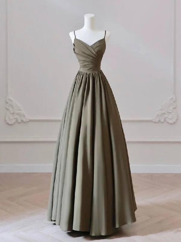 budget-friendly prom dressesA-Line V Neck Satin Olive Green Long Prom Dress, Olive Green Long Formal Dress