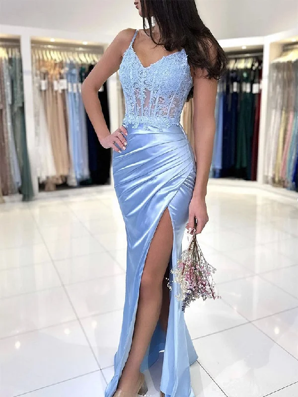 ball gown prom dressesBlue V Neck Satin Lace Mermaid Long Prom Dress, Blue Long Formal Dress