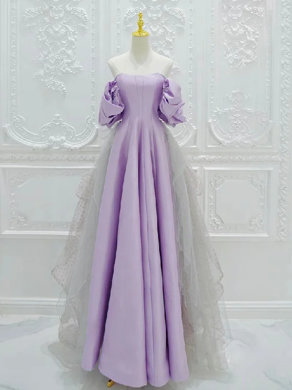 prom dresses for pear shapesA-Line Satin Tulle Purple Long Prom Dress, Tulle Purple Long Formal Dress