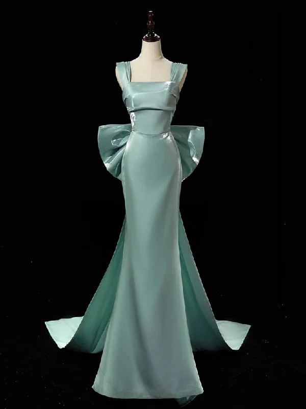 A-line prom dressesSimple hydra Satin Bow Tie Green Long Prom Dress, Green Long Formal Dress