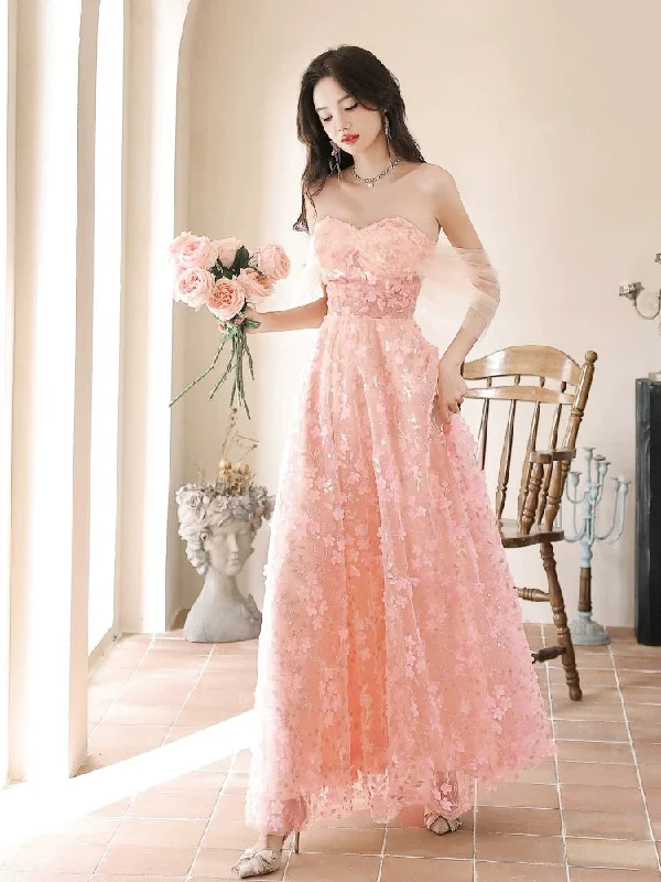 sleeveless prom dressesA-Line Off Shoulder Pink Long Prom Dress, Pink Long Graduation Dress