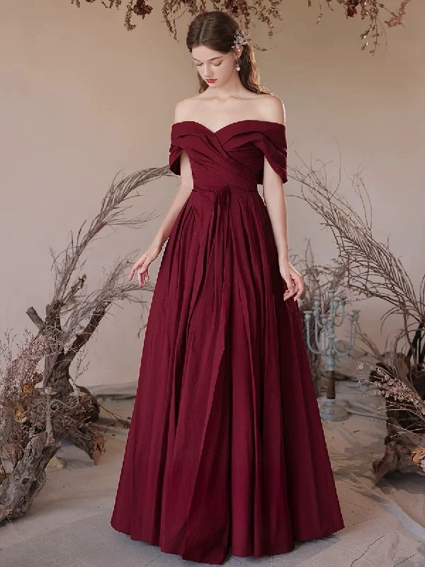 mini prom dressesA-Line Off Shoulder Satin Burgundy Long Prom Dress, Burgundy Long Formal Dress