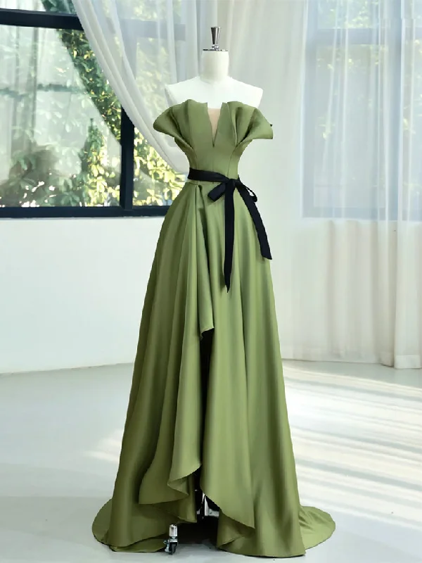 prom dresses with trainsA-Line Satin Green Long Prom Dress, Green Long Formal Dress