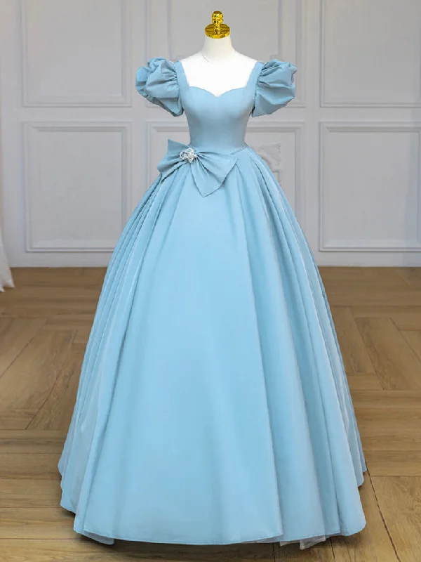 tulle prom dressesBlue Satin Puff Sleeves Long Prom Gown, Blue Long Sweet 16 Dress