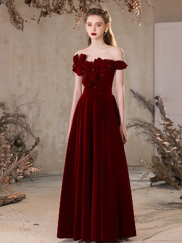 off-shoulder prom dressesA-Line Off Shoulder Velvet Burgundy Long Prom Dress, Burgundy Long Formal Dress