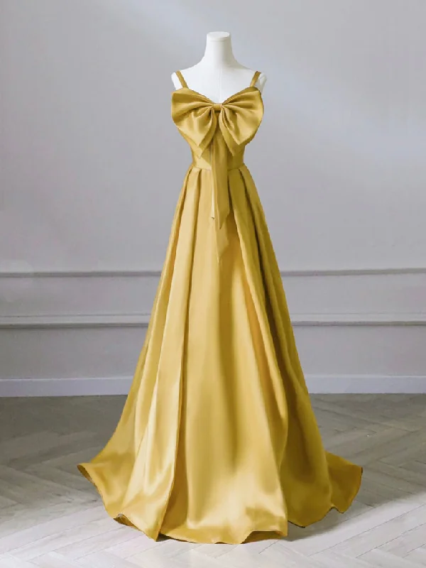 prom dresses for apple shapesA-Line Sweetheart Neck Satin Yellow Long Prom Dress, Yellow Long Formal Dress