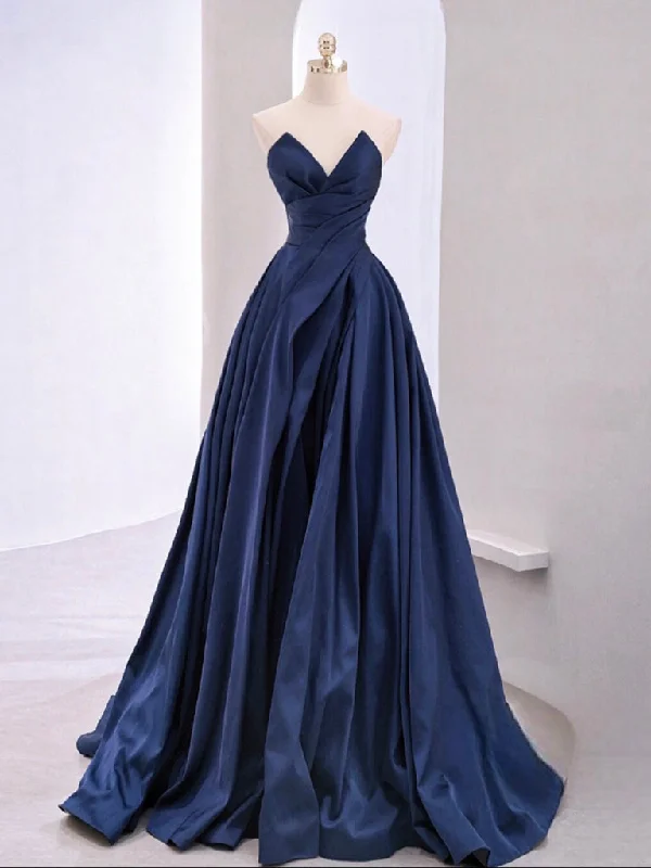 flutter sleeve prom dressesA-Line V Neck Satin Dark Blue Long Prom Dress, Blue Long Formal Dress