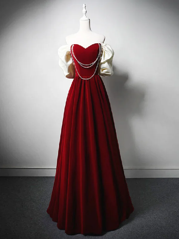 custom prom dressesBurgundy A-Line Off Shoulder Velvet Lace Long Prom Dress, Burgundy Long Formal Dress