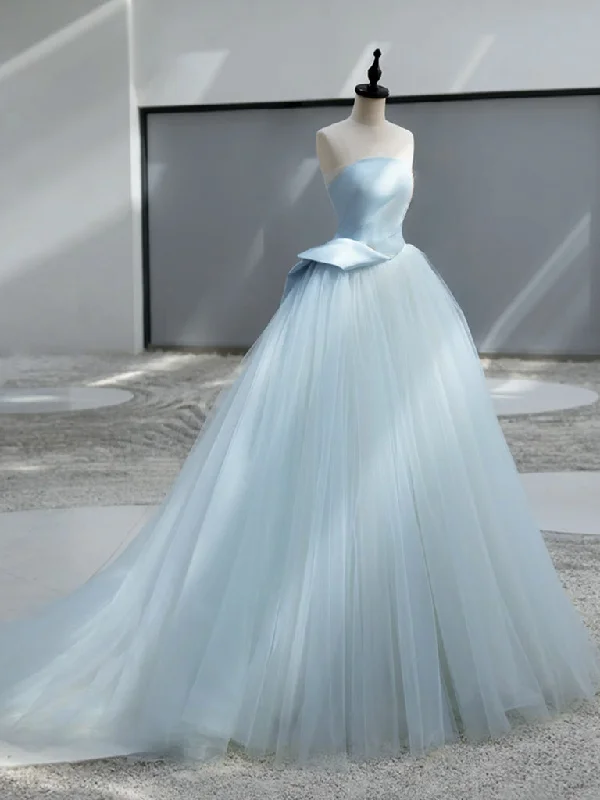 prom dresses with sheer overlaysA-Line Tulle Blue Long Prom Dress, Blue Tulle Long Formal Dress