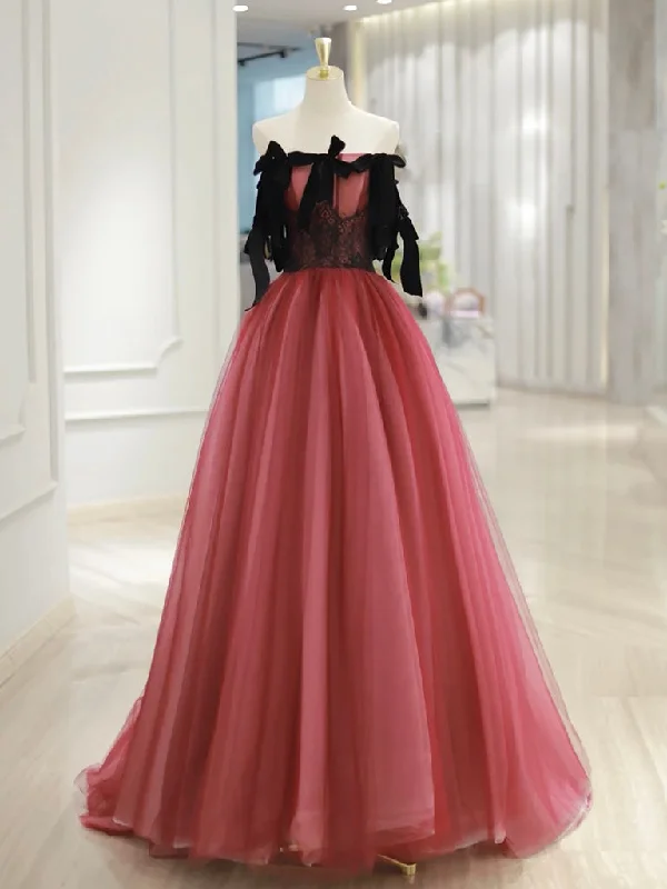 floral prom dressesA-Line Tulle Watermelon Red Long Prom Dress, Watermelon Red Tulle Long Formal Dress