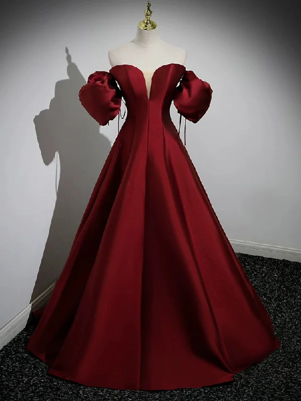 ready-to-wear prom dressesA-Line Puff Sleeves Satin Burgundy Long Prom Dress, Burgundy Long Formal Dress