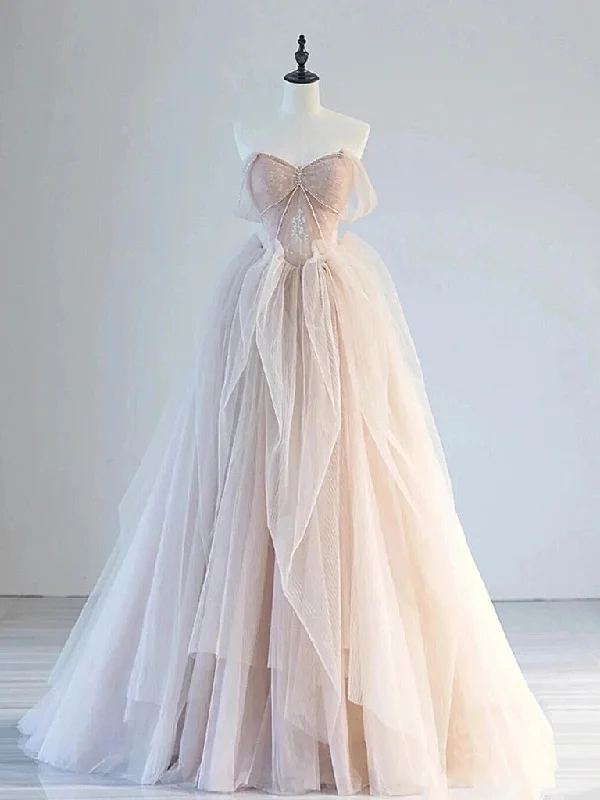 beaded prom dressesA-Line Off Shoulder Tulle Lace Champagne Pink Long Prom Dress, Lace Long Formal Dress