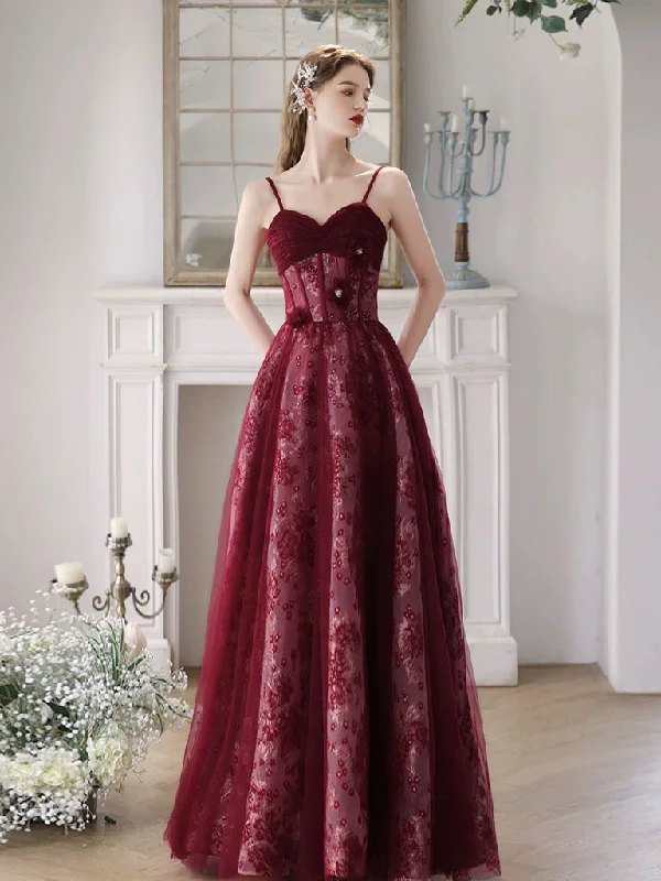 prom dresses with lace appliquésA-Line Tulle Lace Burgundy Long Prom Dress, Burgundy Long Formal Dress