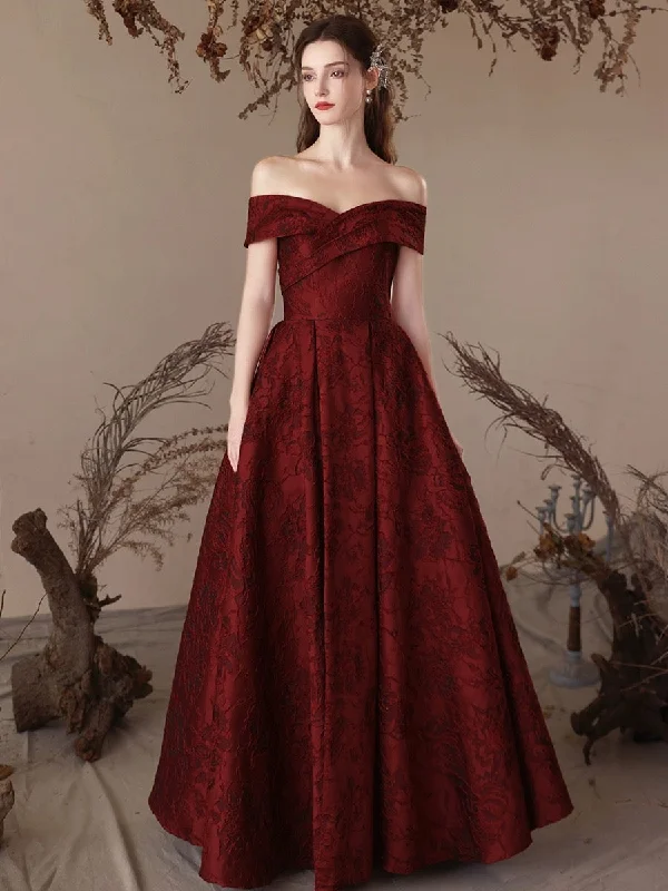 ready-to-wear prom dressesA-Line Off Shoulder Satin Burgundy Long Prom Dress, Burgundy Long Formal Dress