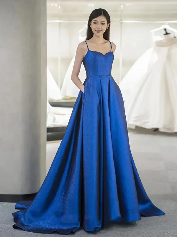 empire waist prom dressesA-Line Sweetheart Neck Satin Blue Long Prom Dress, Blue Long Formal Dress