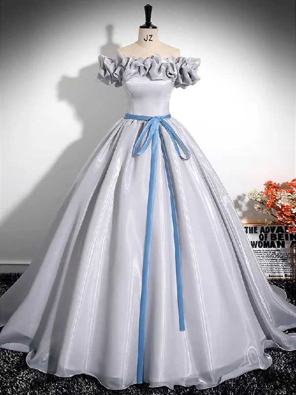 mid-length prom dressesA-Line Off Shoulder Gray Satin Long Prom Dress, Gray Long Formal Dress