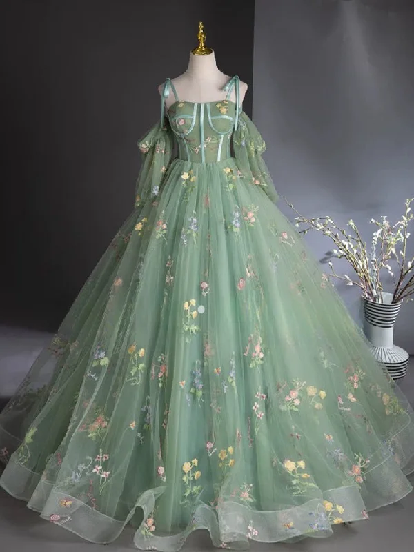 sequined prom dressesA-Line Sweetheart Neck Tulle Lace Green Long Prom Dress