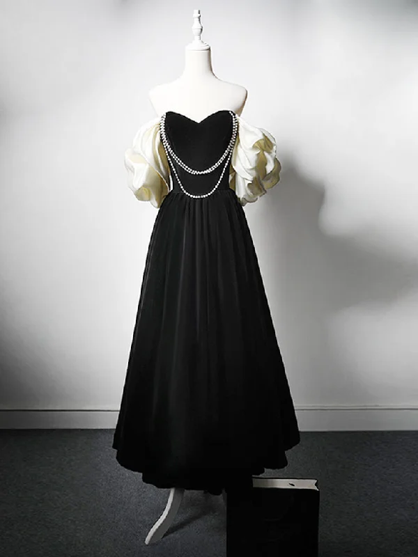 bespoke prom dressesA-Line Velvet Tea Length Black Prom Dress, Tea Length Black Formal Dress