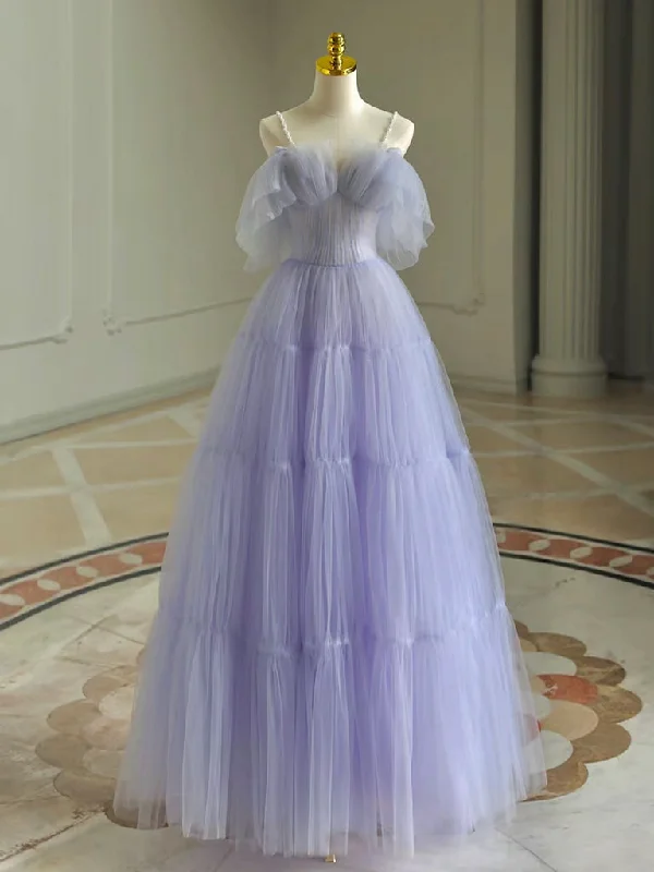 metallic prom dressesA-Line Tulle Purple Long Prom Dress, Purple Long Graduation Dress