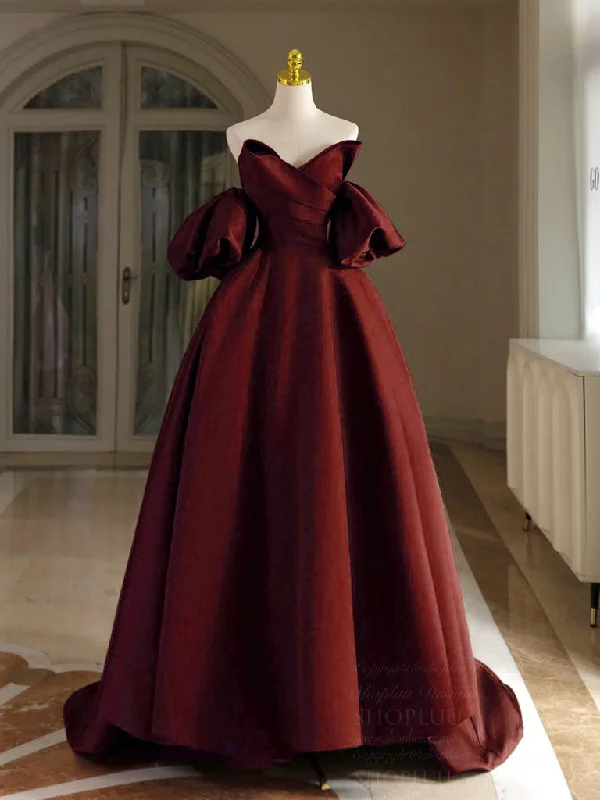 open-back prom dressesA-Line V Neck Satin Burgundy Long Prom Dress, Burgundy Long Formal Dress