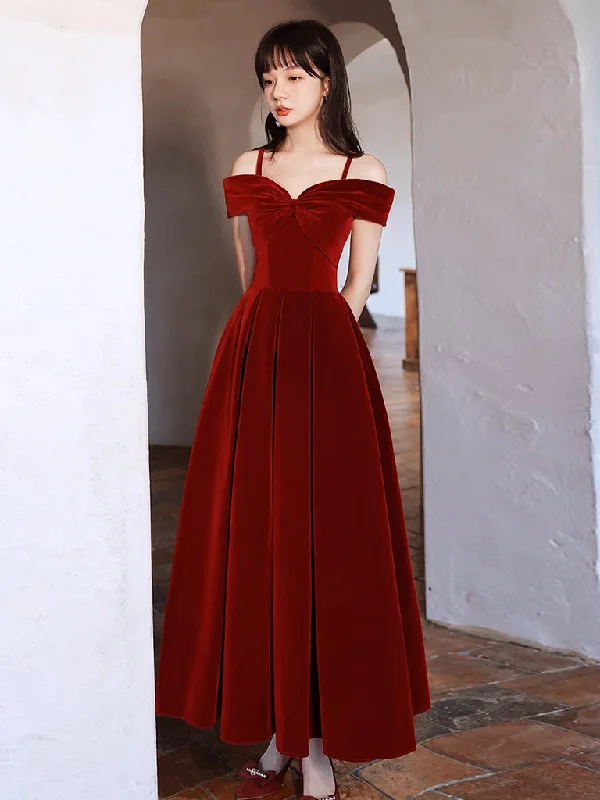 satin prom dressesSimple Off Shoulder A-Line Tea Length Velvet Burgundy Prom Dress