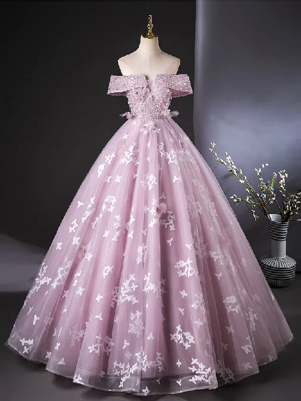 satin prom dressesA-Line Off Shoulder Tulle Lace Pink Long Prom Dress, Pink Long Formal Dress