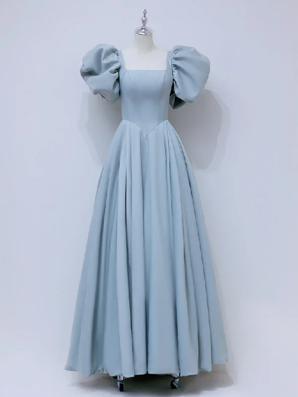 luxury prom dressesA-Line Puff sleeves Long Blue Prom Dress, Square Neckline Blue Long Formal Dress