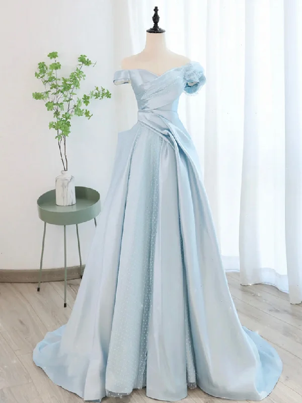 geometric print prom dressesA-Line Off Shoulder Satin Tulle Blue Long Prom Dress, Blue Long Formal Dress