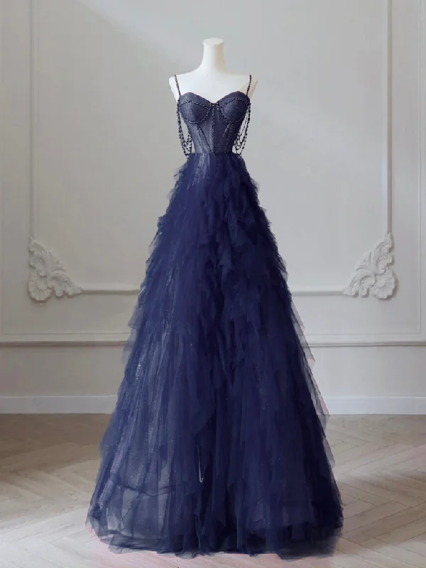 short prom dressesA-Line Sweetheart Neck Tulle Dark Blue Long Prom Dress, Dark Blue Long Graduation Dress with Beads