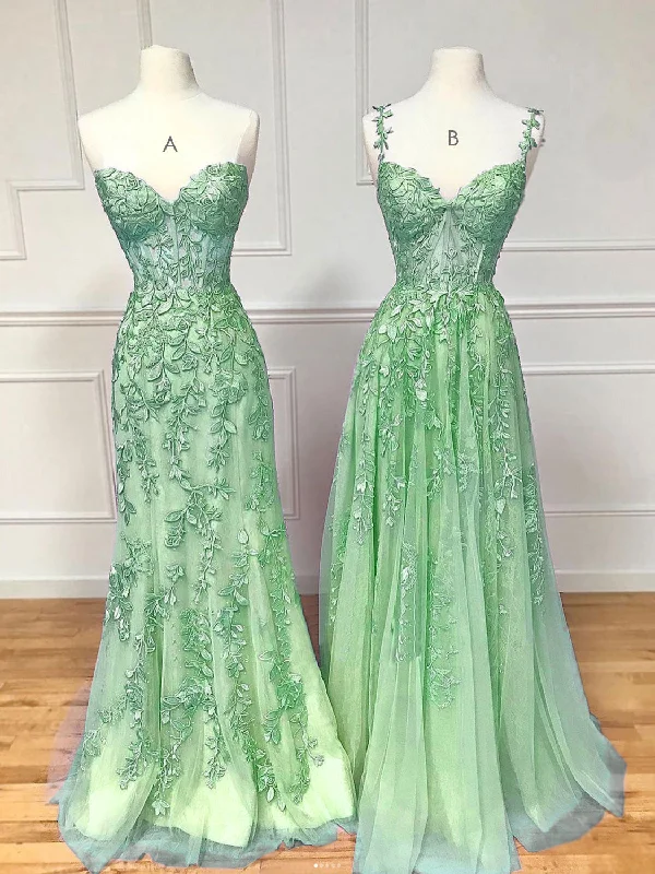 prom dresses with illusion panelsA-Line Tulle Lace Green Long Prom Dress, Green Lace Long Graduation Dress