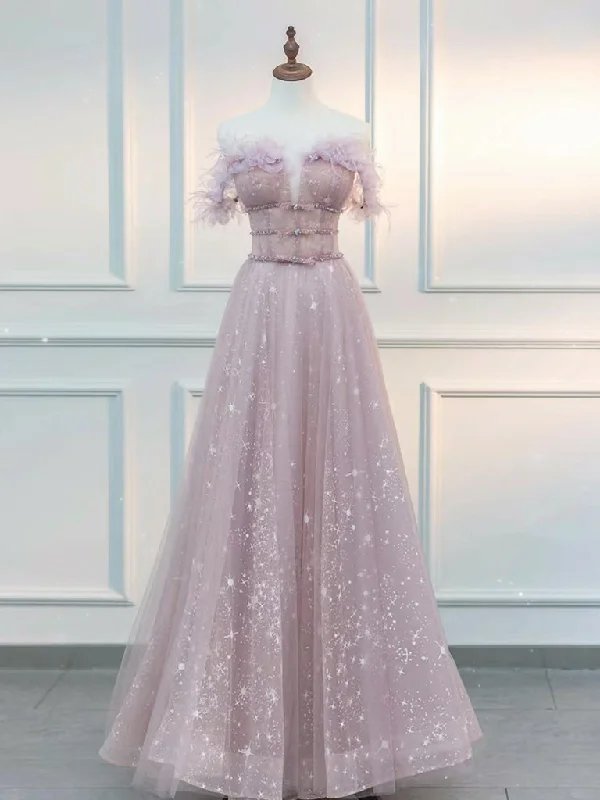 sparkly prom dressesA-Line  Off Shoulder Tulle Pink Long Prom Dress, Pink Graduation Dress with Beads