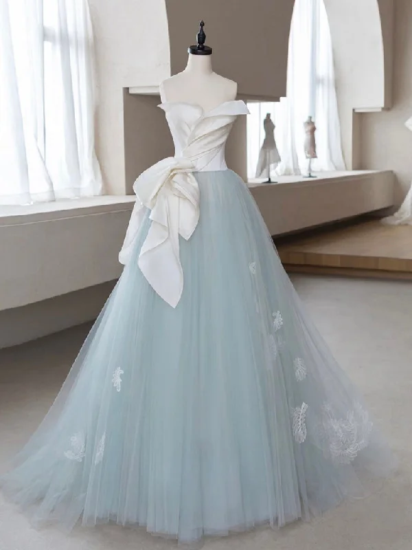 prom dresses for winterA-Line Blue Tulle Lace Applique Long Prom Dress, Blue Long Formal Dress