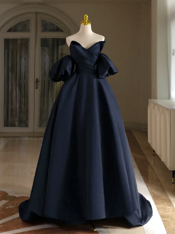 corset prom dressesA-Line V Neck Satin Dark Blue Long Prom Dress, Dark Blue Long Formal Dress