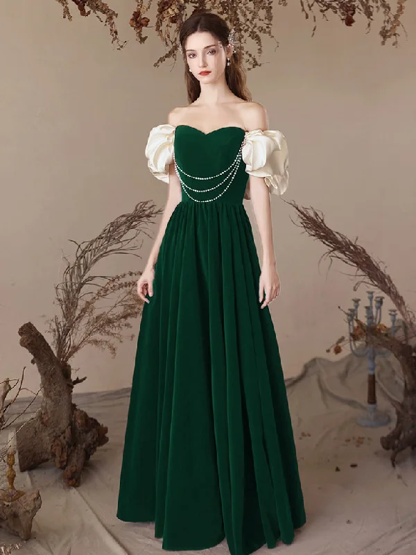 maxi prom dressesA-Line Sweetheart Neck Velvet Green Long Prom Dress, Green Long Formal Dress