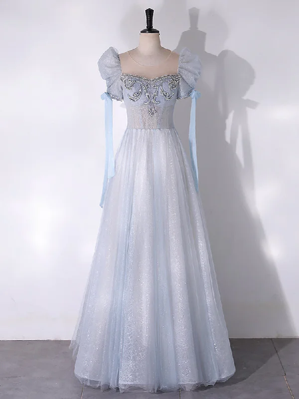 illusion sleeve prom dressesA-Line Scoop Neckline Tulle Light Blue Long Prom Dress with Beads