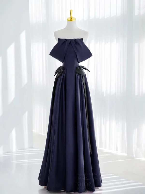 metallic prom dressesA-Line Satin Dark Blue Long Prom Dress, Dark Blue Long Formal Dress