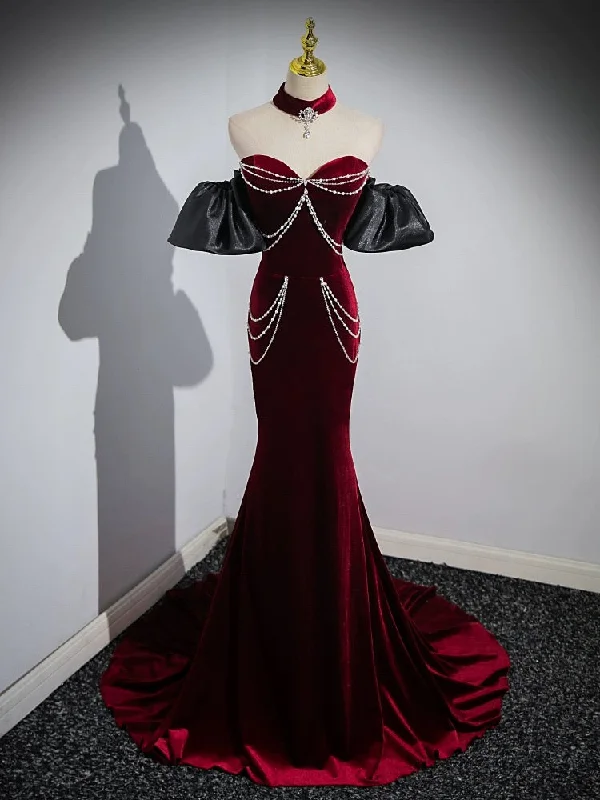 mermaid prom dressesTrumpet/Mermaid Velvet Burgundy Long Prom Dress with Beads