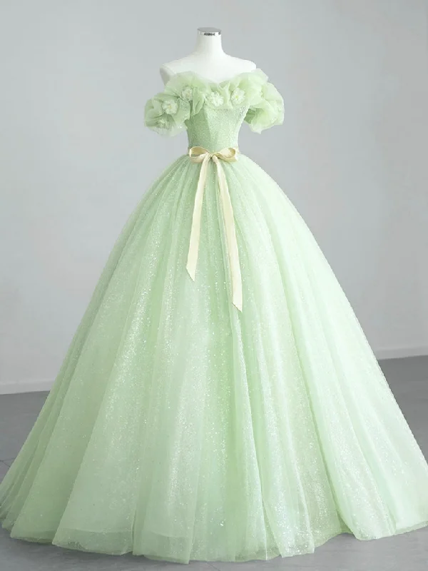 prom dress color trendsA-Line Off Shoulder Tulle Green Long Prom Dress, Green Sweet 16 Dress