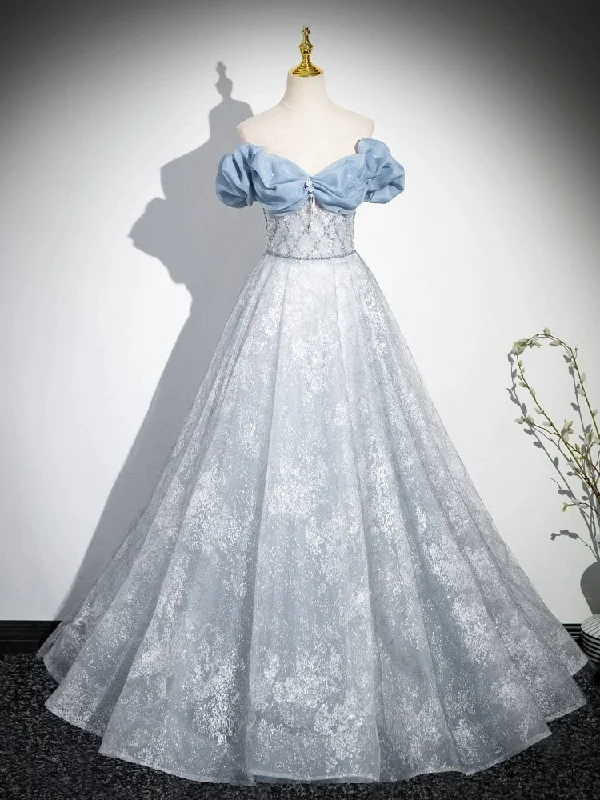 prom dress inspiration galleriesA-Line Off Shoulder Tulle Lace Beads Blue Long Prom Dress, Blue Long Formal Dress