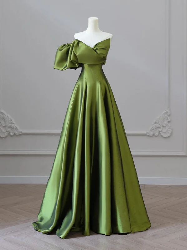 glamorous prom dressesA-Line V Neck Satin Green Long Prom Dress, Green Long Formal Dress