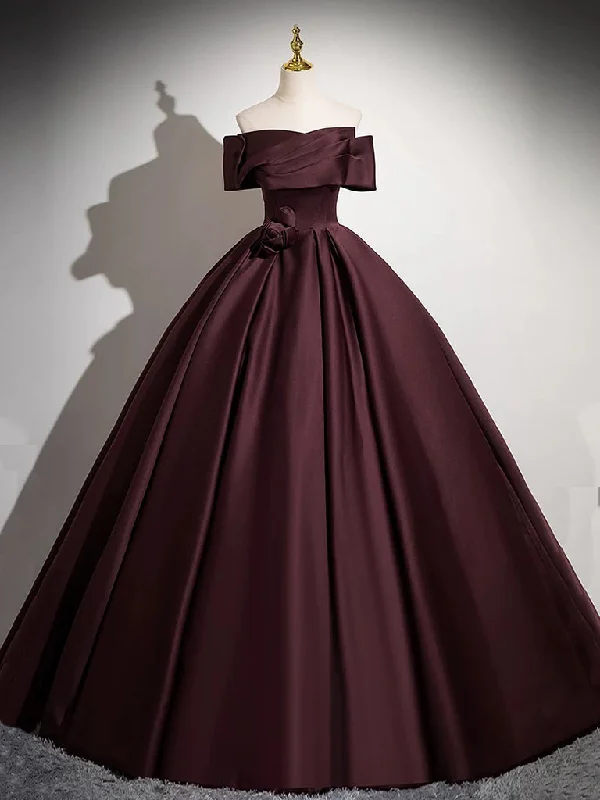 illusion sleeve prom dressesA-Line Off the Shoulders Satin Maroon Long Prom Dress, Maroon Long Formal Dress