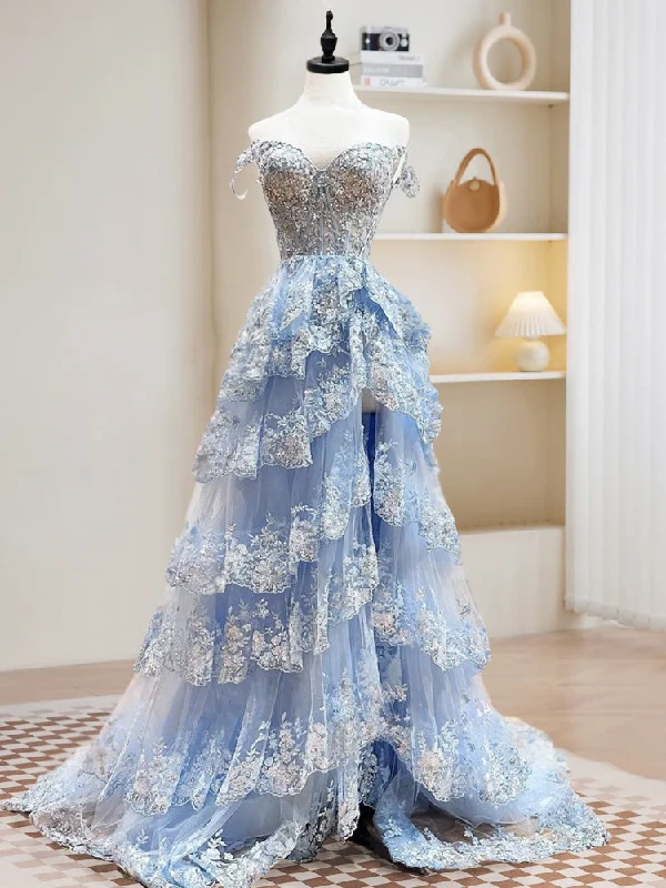 glamorous prom dressesA-Line Tulle Sequin Blue Long Prom Dress, Blue Sequin Long Formal Dress