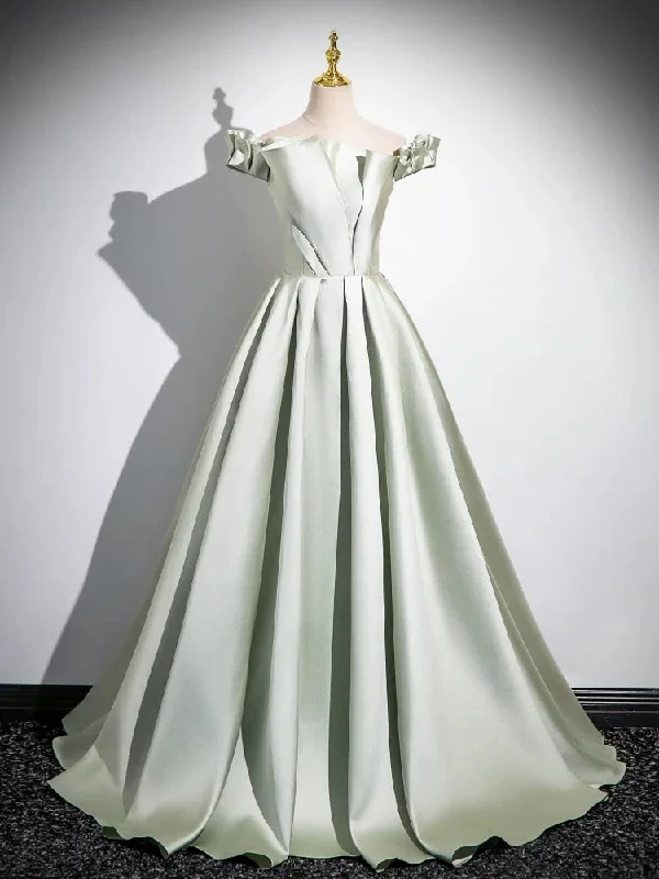 modern prom dressesA-Line Off Shoulder Satin Light Green Long Prom Dress, Green Long Formal Dress