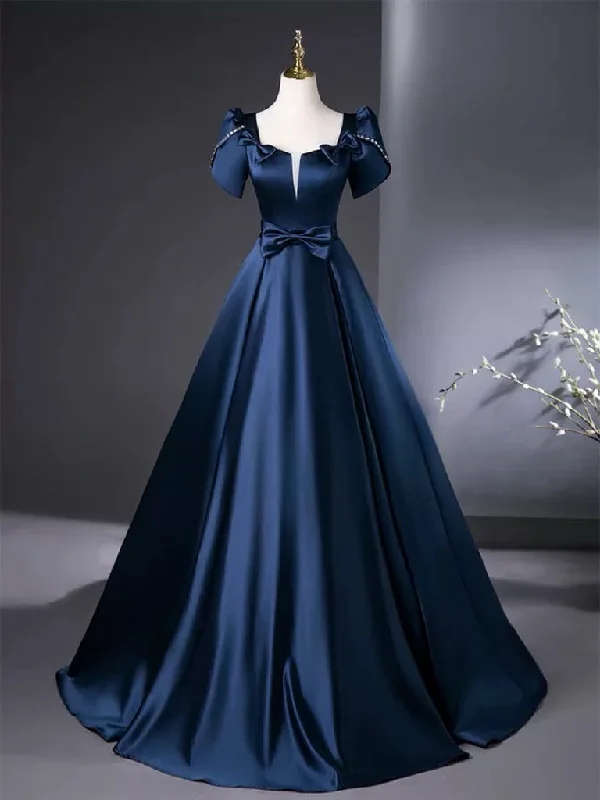 prom dress alterationsA-Line Satin Dark Blue Long Prom Dress, Dark Blue Long Formal Dress