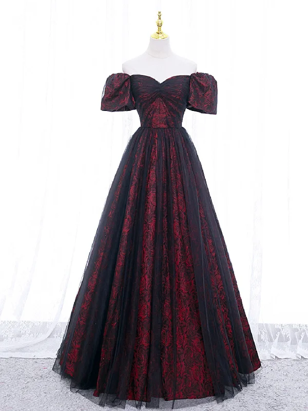 chiffon prom dressesA-Line Tulle Lace Burgundy Long Prom Dress, Burgundy Long Formal Dress