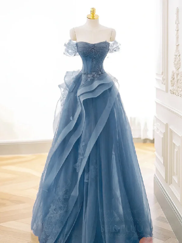 prom dress color trendsA-Line Off Shoulder Tulle Lace Gray Blue Long Prom Dress, Gray Blue Long Formal Dress