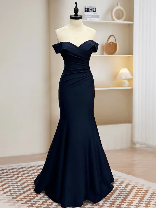 affordable prom dressesMermaid Satin Dark Blue Long Prom Dress, Dark Blue Long Formal Dress