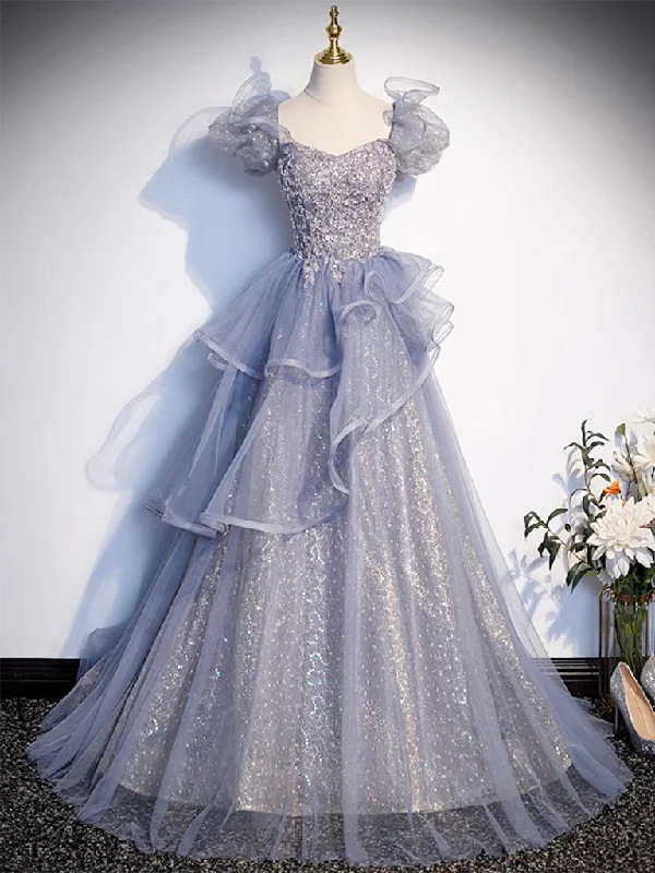 spaghetti strap prom dressesA-Line Sweetheart Neck Tulle Sequin Gray Blue Long Prom Dress, Gray Blue Long Formal Dress