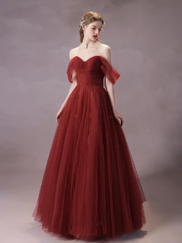 off-shoulder prom dressesA-Line Off Shoulder Tulle Burgundy Long Prom Dress, Burgundy Long Formal Dress